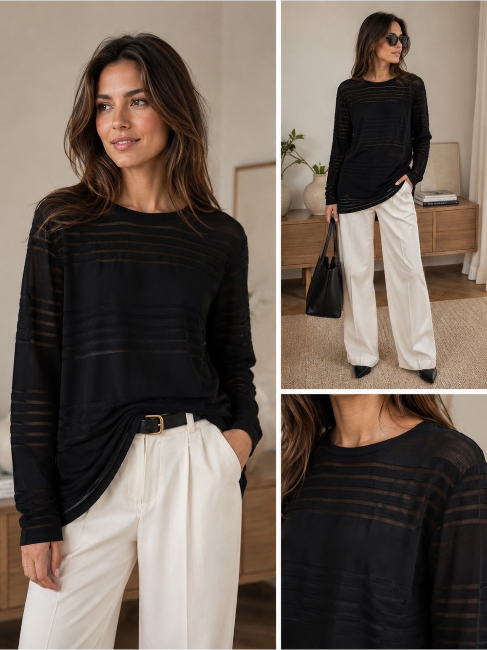 Theory Women’s Black Sheer Striped Tunic L Minimalist Quiet Luxury Capsule Class